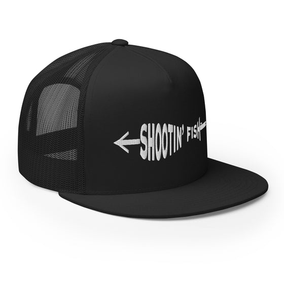 shootin fish logo hat in black with mesh back and flat bill, bow fishing from River to Ridge Brand