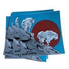  River to Ridge Brand Stickers with Mountain Goat Logo, 2 goats standing on a rock ledge with the sun behind them in red. Hunting Stickers with Free shipping