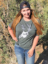 Cactus Deer Logo T shirt from River to Ridge Clothing Brand with a deer skull with antlers made out of cactus in green - on a woman with red hair