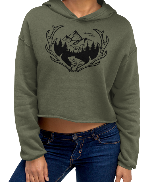 Adventure Awaits Antler Crop Hoodie, Olive