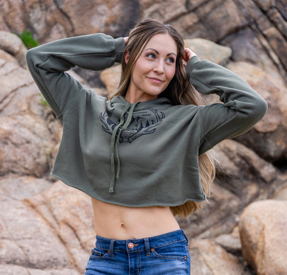 Adventure Awaits Antler Crop Hoodie, Olive