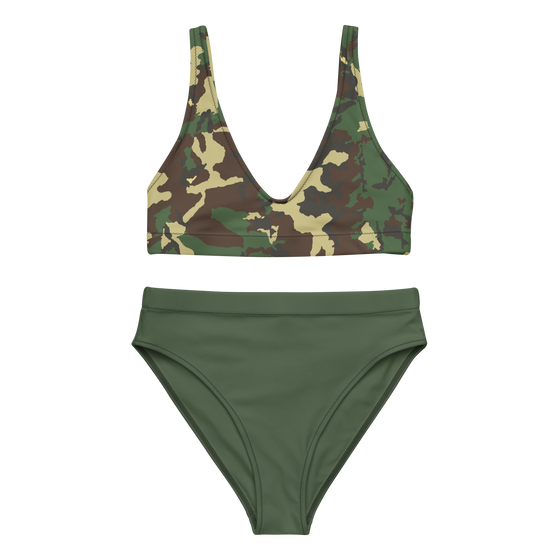 Camo Bikini from River To Ridge Clothing brand with a padded camo top and green high waist bottoms