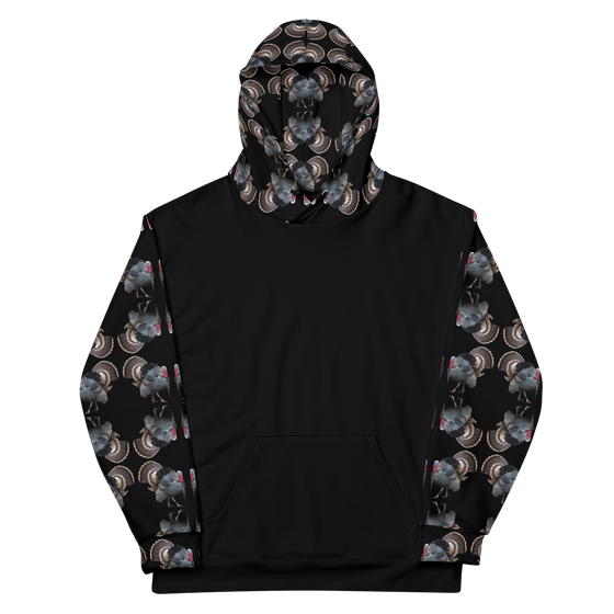 Turkey Hoodie in black with strutting male gobbler all over the sleeves and hood, unisex pullover - from River to Ridge Clothing Brand