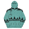 Hoodie in teal with arrow and tree designs on it, archery themed hoodie for women