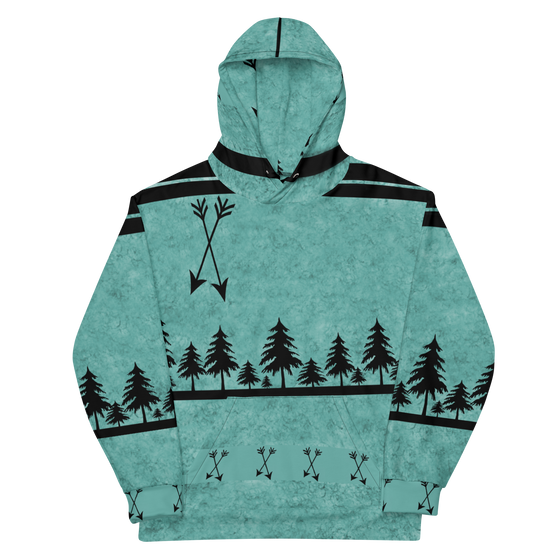 Hoodie in teal with arrow and tree designs on it, archery themed hoodie for women