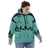 Plus size woman wearing a teal arrow hoodie with a bowhunting huntress theme and it has arrows and trees on it looking down