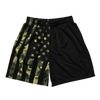 Mens gym shorts in mesh from river to ridge clothing brand, black with a camo flag pattern on one leg