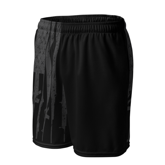 Men's Gun Flag 2A Tactical Pattern, UPF 50, Mesh Shorts w/ Pockets