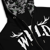 Womens hoodie up close with the WILD logo on it with elk antlers from river to ridge and a camo lined hood