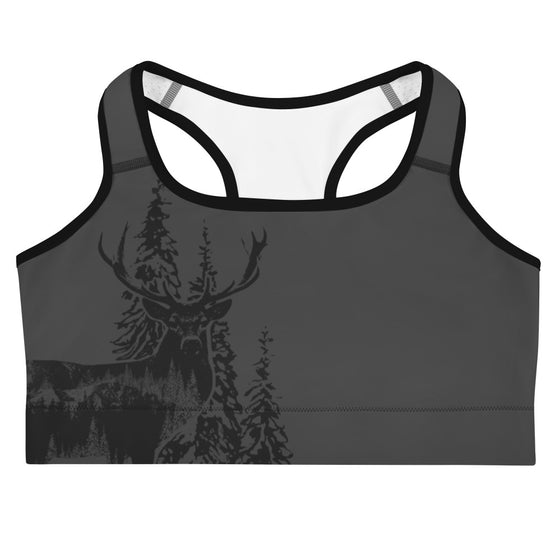 Womens sports bra in grey graphite with a woodland buck logo on it, red stag deer elk