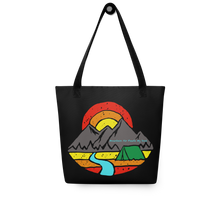  Mountain Air Feeds My Soul, Logo Black Tote Bag with mountains and a river and camping tent on it from River To Ridge Clothing Brand