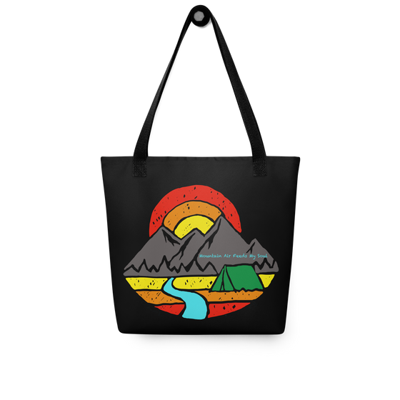 Mountain Air Feeds My Soul, Logo Black Tote Bag with mountains and a river and camping tent on it from River To Ridge Clothing Brand