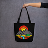 Mountain Air Feeds My Soul, Logo Black Tote Bag with mountains and a river and camping tent on it from River To Ridge Clothing Brand