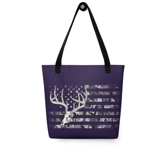 Whitetail Flag Logo from River to Ridge Brand Tote bag in purple with a camo flag and euro dead head deer