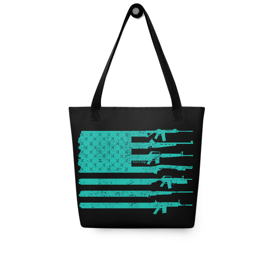 River to Ridge tote bag in black and teal with gun logos on it