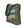 River to Ridge Brand Tote Bag in olive with the Offroad Classic Logo. Featuring a vintage Bronco truck with big tires on a rock with a kayak on top