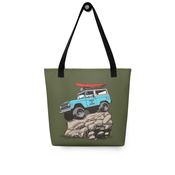 River to Ridge Brand Tote Bag in olive with the Offroad Classic Logo. Featuring a vintage Bronco truck with big tires on a rock with a kayak on top