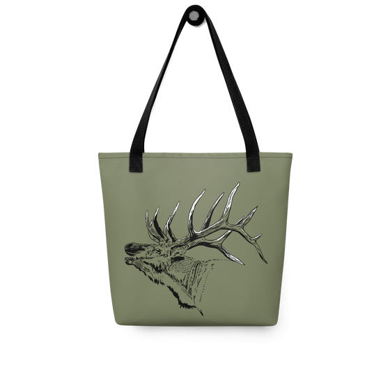 Elk Logo Tote Bag from River to Ridge Clothing Brand featuring a bugling elk with large antlers on an olive green bag 