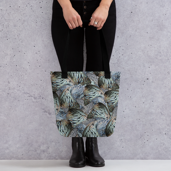 Turkey Feather Pattern Tote Bag from River to Ridge Brand, Woman holding bag dressed in black