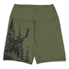 Womens Woodland Logo Shorts in ID Green Olive, featuring an elk in the forest on one side and a wide / high waistband from River to Ridge Brand