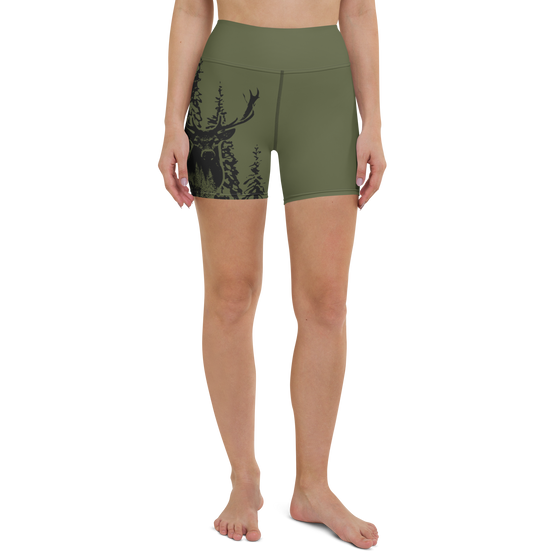 Fitted High Waist Activewear Women's Shorts, Woodland OD Green, UPF 50