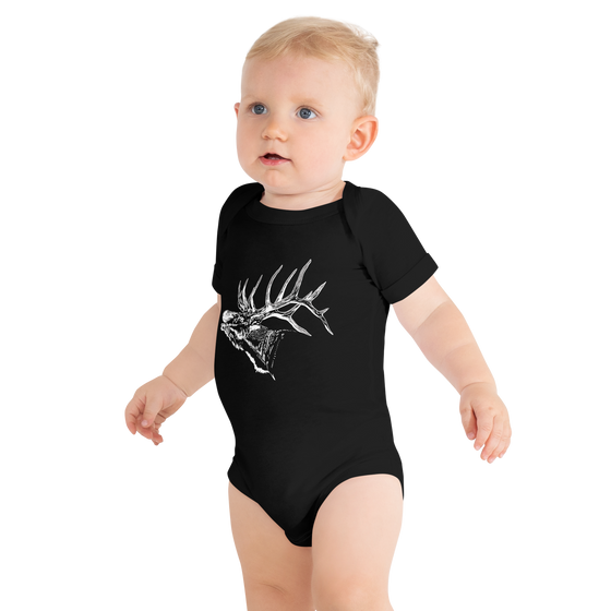 little boy wearing a baby one piece in black with an elk on it from river to ridge brand