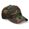 Product mockup of a Camo Low profile River to Ridge logo dad hat with curved visor