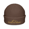 Product mockup of a fisherman's style skull cap beanie from River to Ridge Clothing Brand with the mountain logo on it