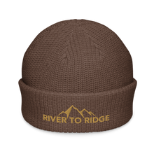  Product mockup of a fisherman's style skull cap beanie from River to Ridge Clothing Brand with the mountain logo on it