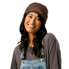 Product mockup of a fisherman's style skull cap beanie from River to Ridge Clothing Brand with the mountain logo on it worn by a woman with long hair