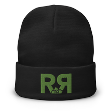  Product mockup of a River to Ridge Logo Beanie in black with green stitching R to R