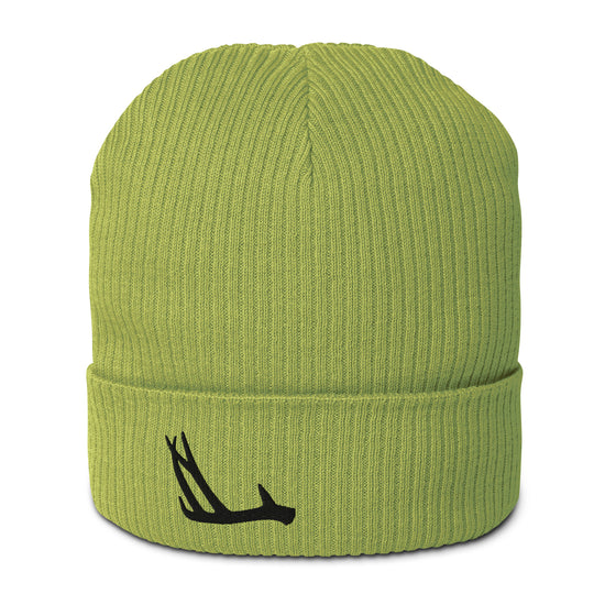 Product mockup of an antler logo beanie in lime green from River to Ridge Clothing Brand