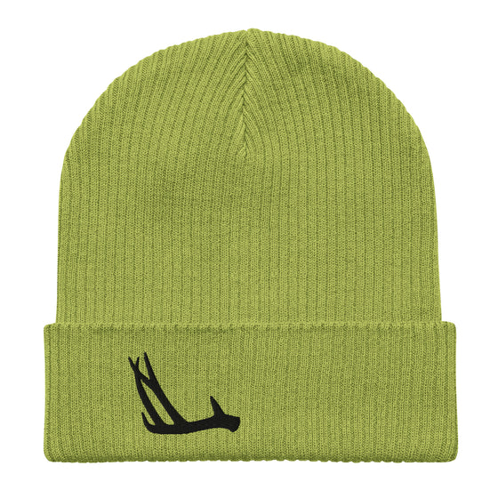 Product mockup of an antler logo beanie in lime green from River to Ridge Clothing Brand