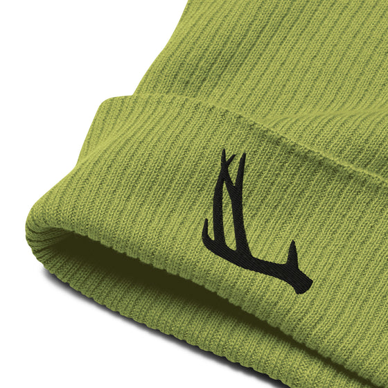 Product mockup of an antler logo beanie in lime green from River to Ridge Clothing Brand