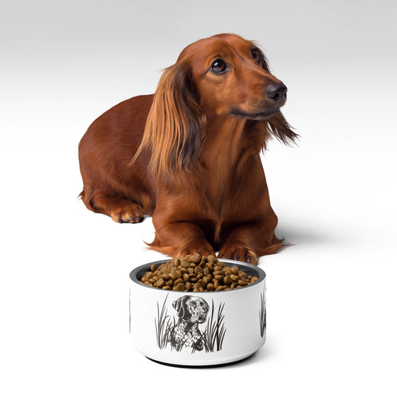 River to Ridge Brand Dog Bowl with a hunting sporting dog on it in white and brown