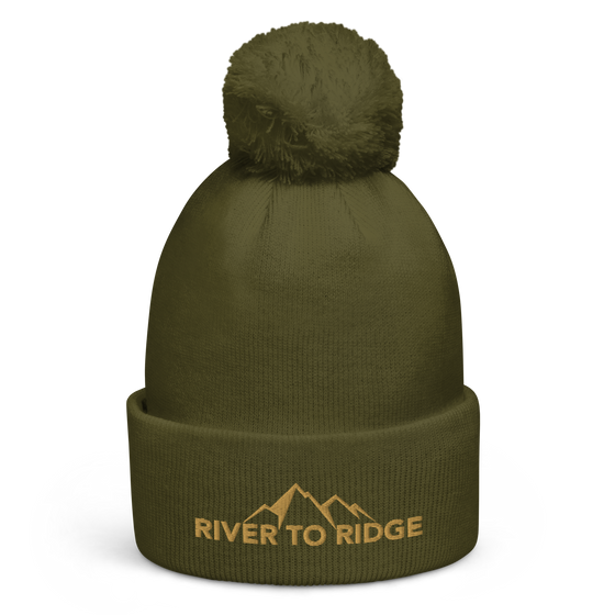 Product mockup of River to Ridge Brand Knit Hat with pom pom