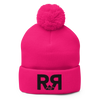 Hot Pink Knit Hat with pom pom and the River to Ridge R to R mountain logo stitched in black