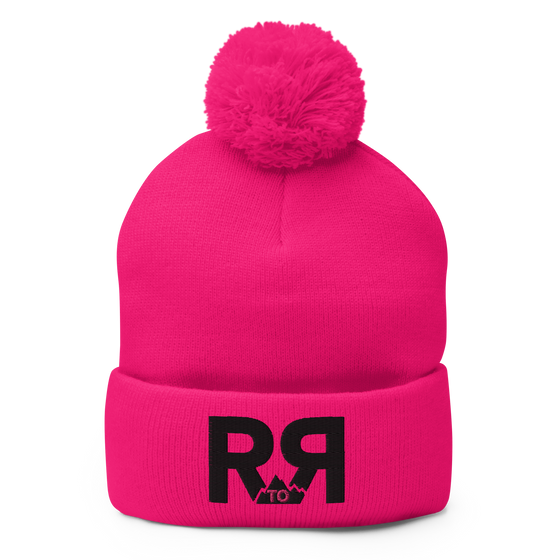 Hot Pink Knit Hat with pom pom and the River to Ridge R to R mountain logo stitched in black