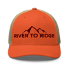 River to Ridge Brand Logo mesh back trucker hat in blaze orange with the mountain logo on it