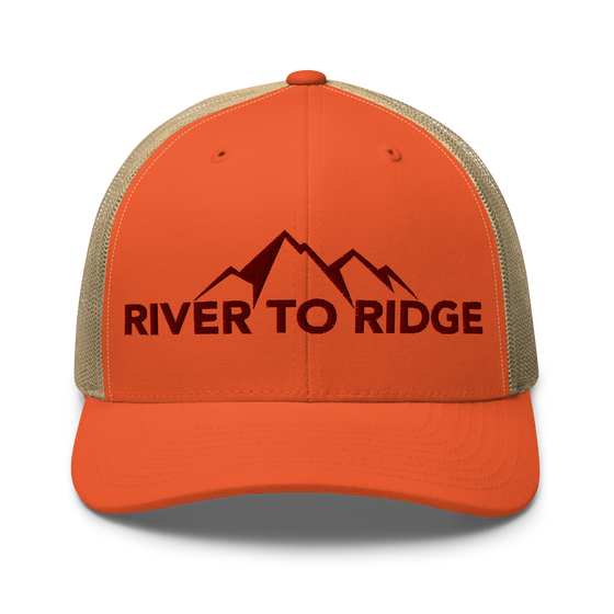 River to Ridge Brand Logo mesh back trucker hat in blaze orange with the mountain logo on it