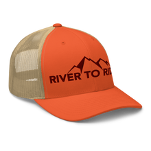  River to Ridge Brand Logo mesh back trucker hat in blaze orange with the mountain logo on it