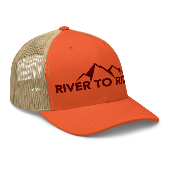 River to Ridge Brand Logo mesh back trucker hat in blaze orange with the mountain logo on it