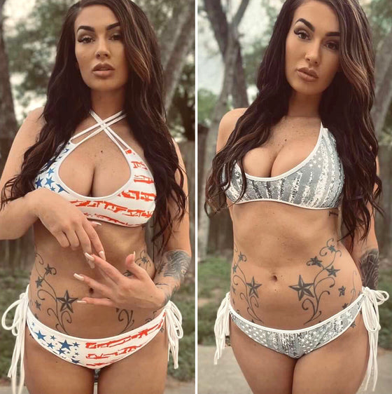 Reversible Bikini with patriotic logos on it on a beautiful woman with tattoos - from River to Ridge Brand