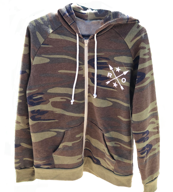 Camo zip up hoodie from Rockstarlette Outdoors with arrow logo; sold by River to Ridge Clothing Womens Zip up