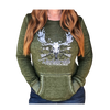 Vintage Wash Olive Hoodie on a woman with red hair and jeans featuring a moose skull with antlers and arrows and rockstarlette Outdoors