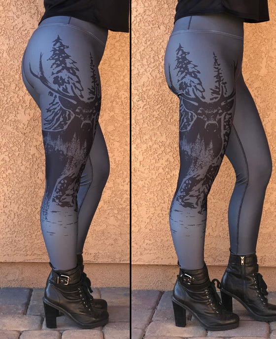 Full Length High Waist Leggings, Woodland Antler Logo, Graphite