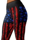 Womens Capri Leggings from River to Ridge Brand, close up photo of the pattern which is blue stars with red guns on black.