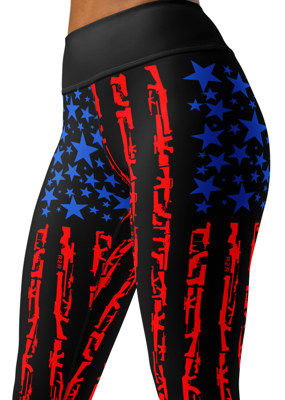 Womens Capri Leggings from River to Ridge Brand, close up photo of the pattern which is blue stars with red guns on black.