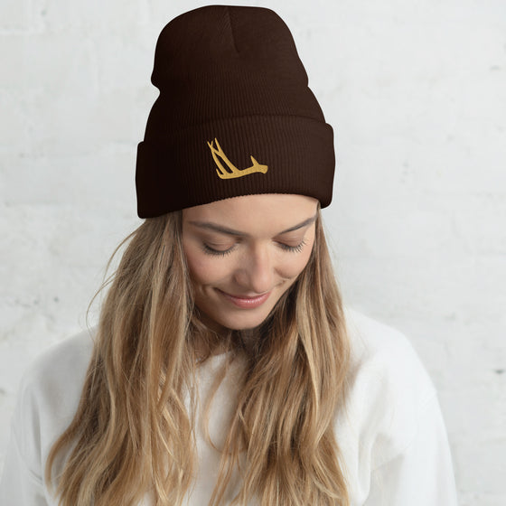 Antler Cuffed Beanie, Brown, Unisex