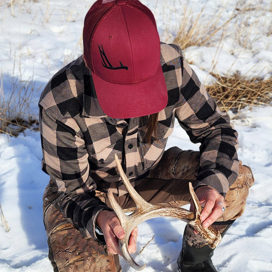 Antler Logo Shed Hunting Snapback Hat, Unisex, Cranberry or Grey